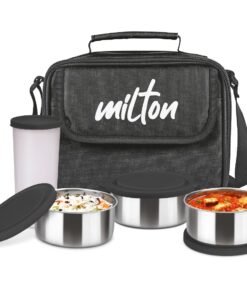 MILTON New Steel Combi Lunch Box with Insulated Fabric Jacket, 3 Stainless Steel Containers 280 ml Each & 1 Plastic Tumbler with lid 400 ml, Leak-Proof Tiffin for Office, College, Picnic, Top Highlights ColourBlack bulu