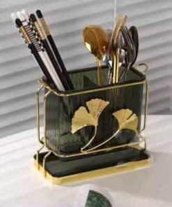 লাক্সারি গ্লাস ইউটেনসিল হোল্ডার 🍽️ | গোল্ড গিঙ্কো লিফ ডিজাইন 🌿 | কিচেন অর্গানাইজার উইথ মেটাল স্ট্যান্ড 🏡 | ওয়াটার রেজিস্ট্যান্ট 💧