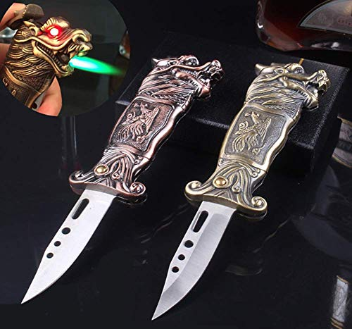 Promithi Dragon Tiger Shaped Inflatable Multi-Function Stainless Steel Folding Windproof Lighter Knife