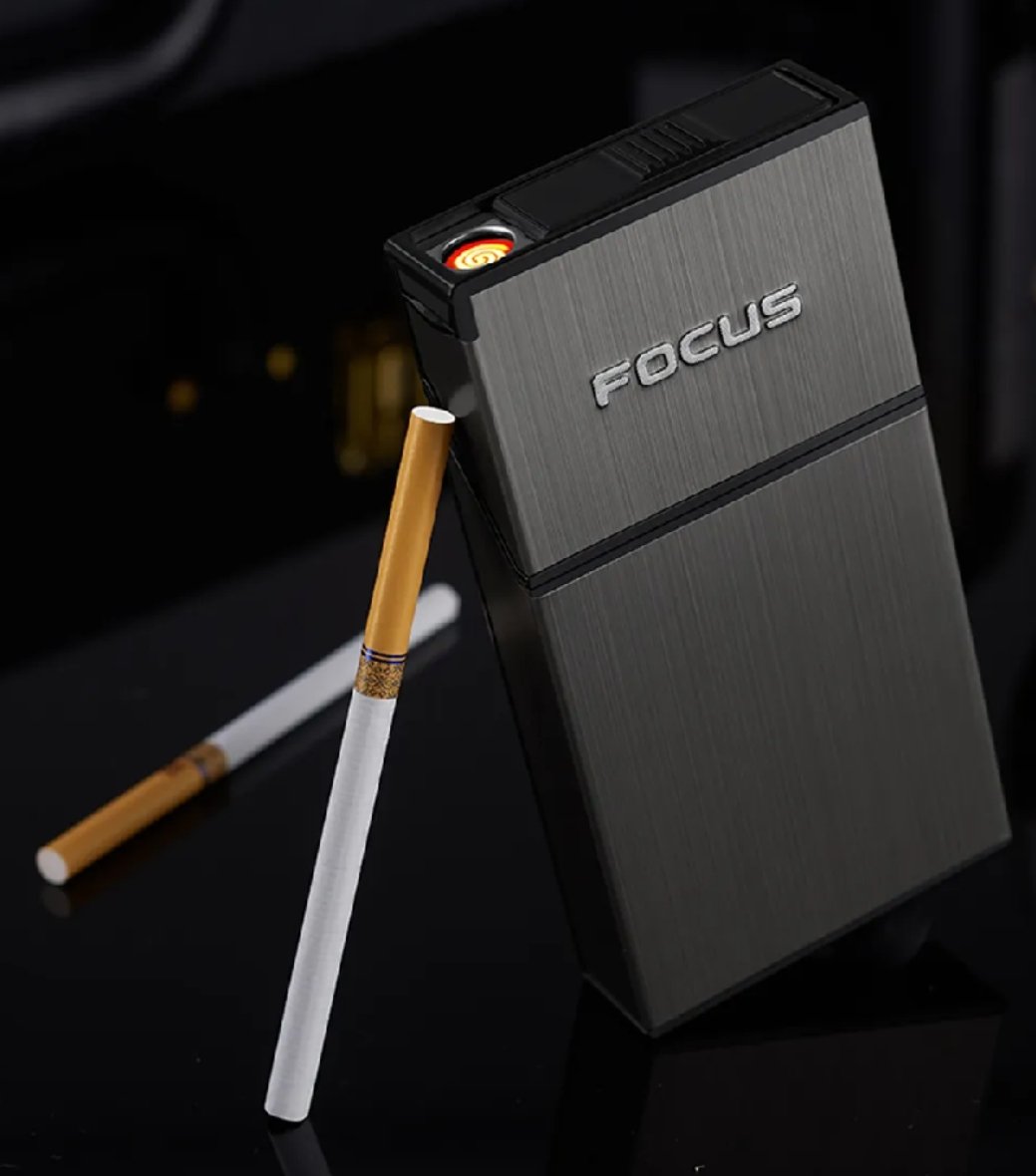 Focus Slim Cigarette Lighter Case - Rechargeable Windproof Metal Box