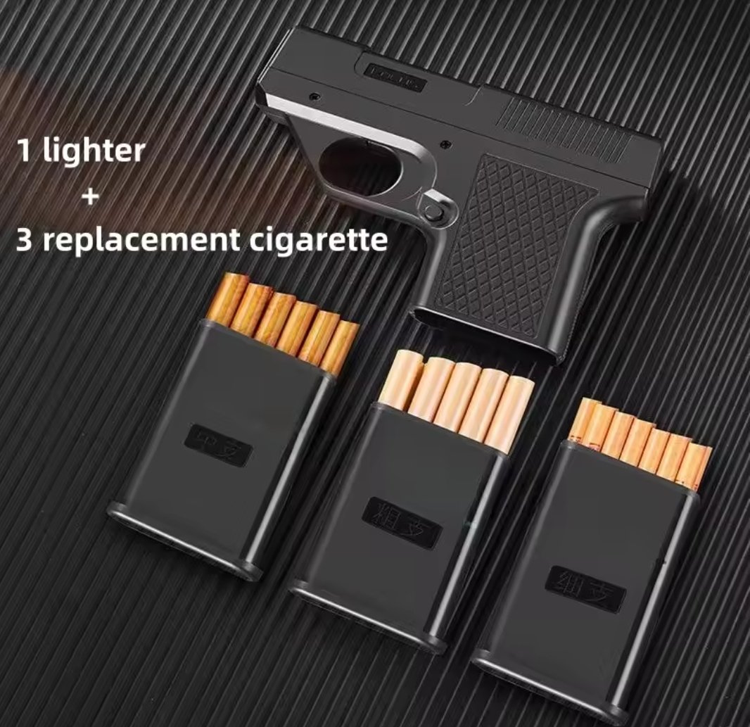 Unique Gun-Shaped Creative Lighter with 3 Replacement Cigarette Storage Cases