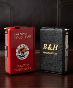 B&H Branded Steel Body Leather Finish Cigarette Case and Holder with Integrated Lighter