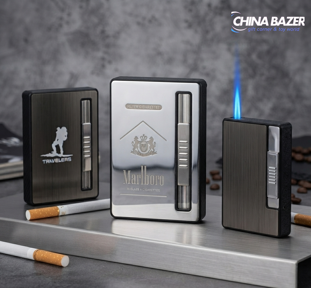 Multi-Design Metallic Cigarette Case with Built-in Windproof Jet Flame Lighter (Marlboro / Classic / Travelers Edition)