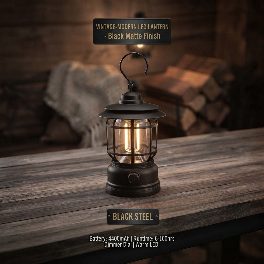 Vintage Style Rechargeable LED Camping Lantern | Portable Outdoor Emergency Tent Light with Hanging Hook - Image 3