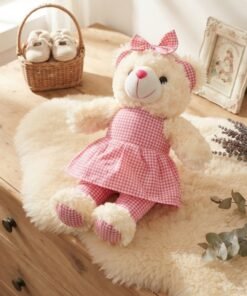 Cute Pink Gingham Bow Dress Teddy Bear Stuffed Toy for Kids - Image 4