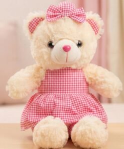 Cute Pink Gingham Bow Dress Teddy Bear Stuffed Toy for Kids