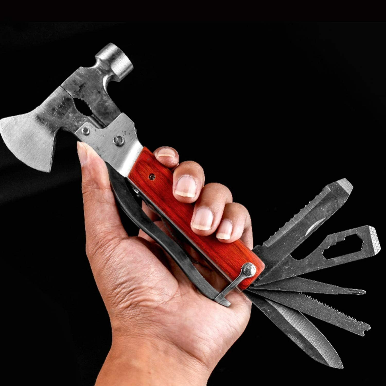 16-in-1 Multi-Function Camping Hammer & Axe with Pliers, Knife, Saw & Survival Tool Kit